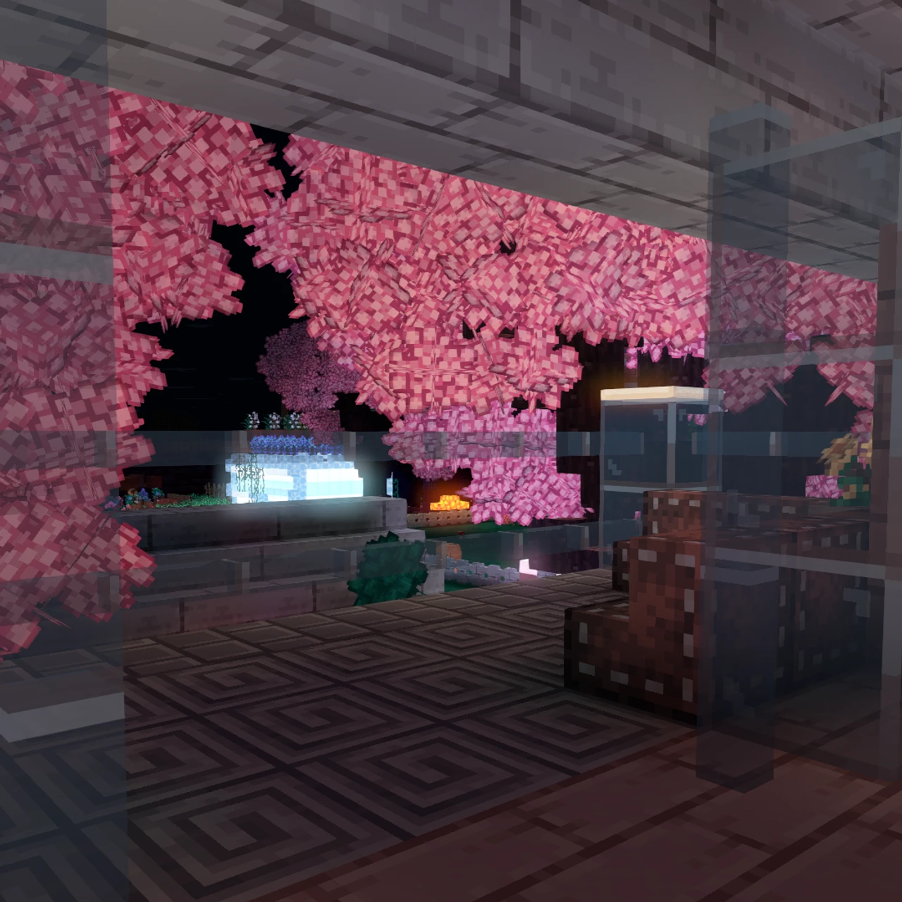 A Biomes voxel interior with pink trees, wooden floors, and glass blocks